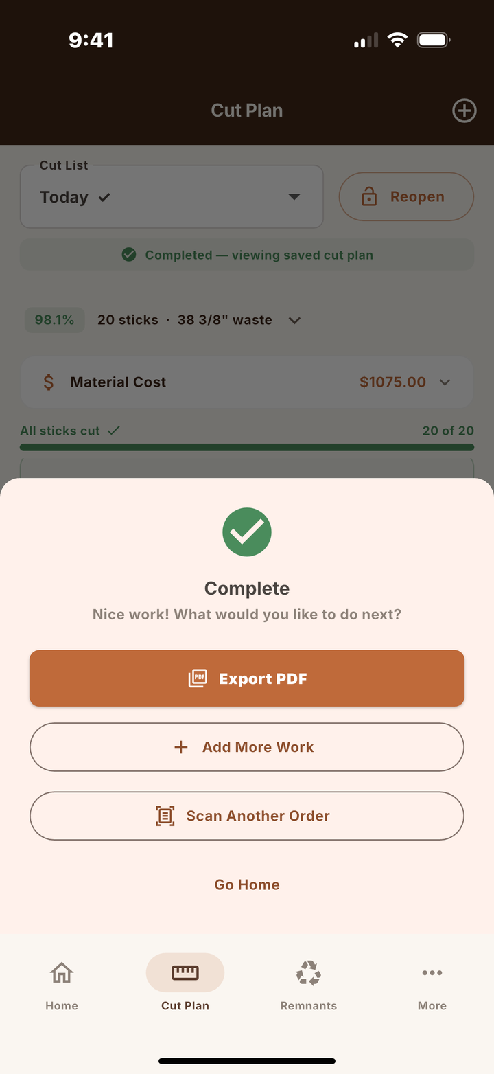 Completion sheet with Export PDF after all sticks are cut