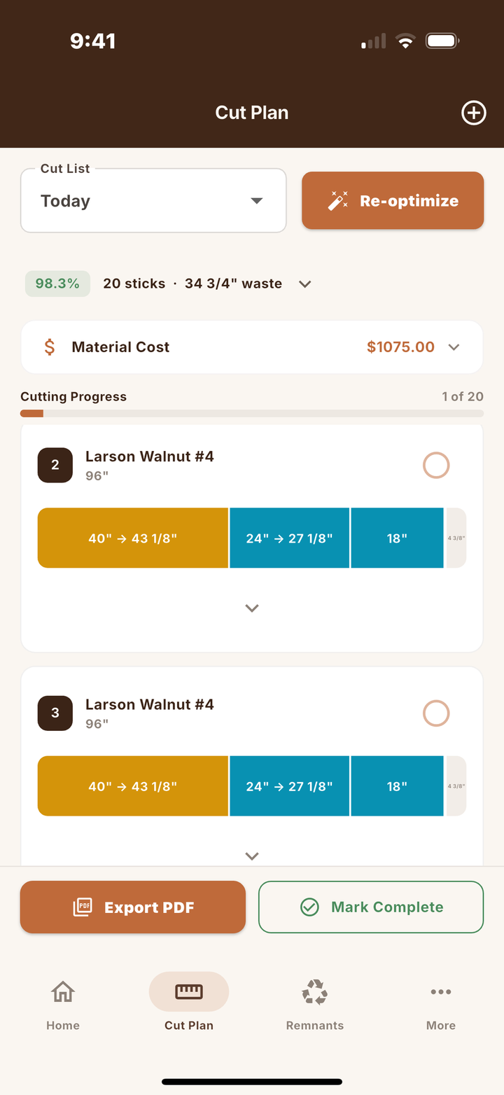 RailChop Cut Plan screen — stick bars with utilization, waste, and material cost