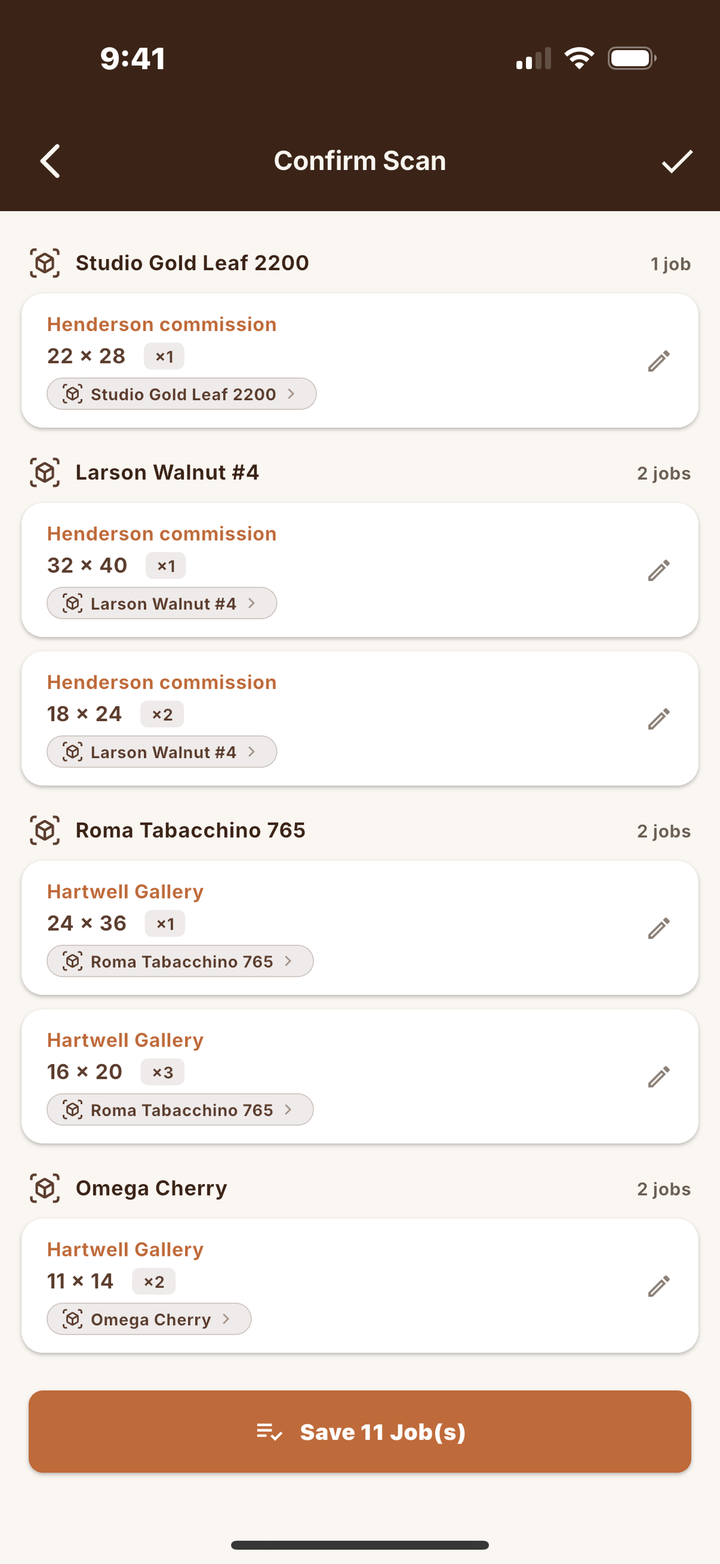 RailChop Confirm Scan screen — parsed jobs with customer and profile chips
