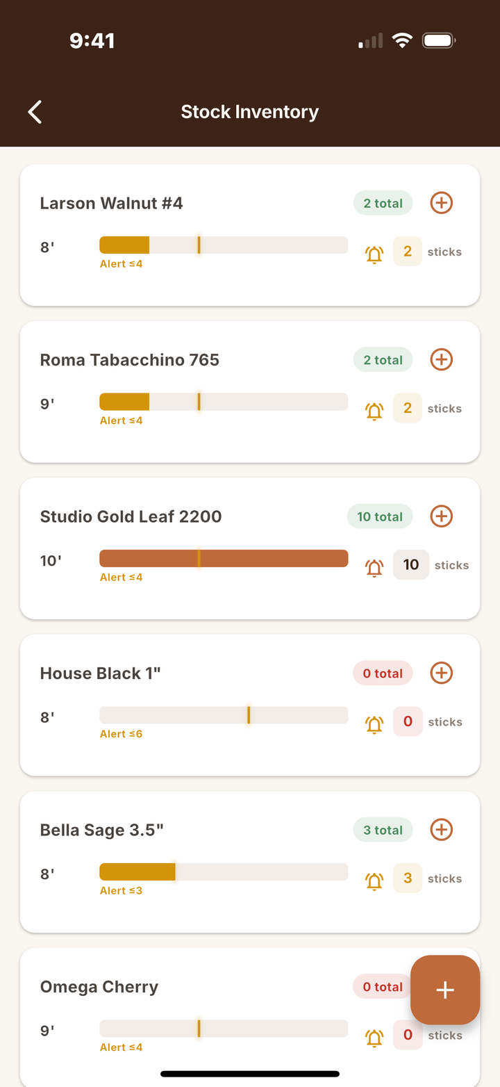 RailChop Stock Inventory screen — per-profile counts with low-stock alerts